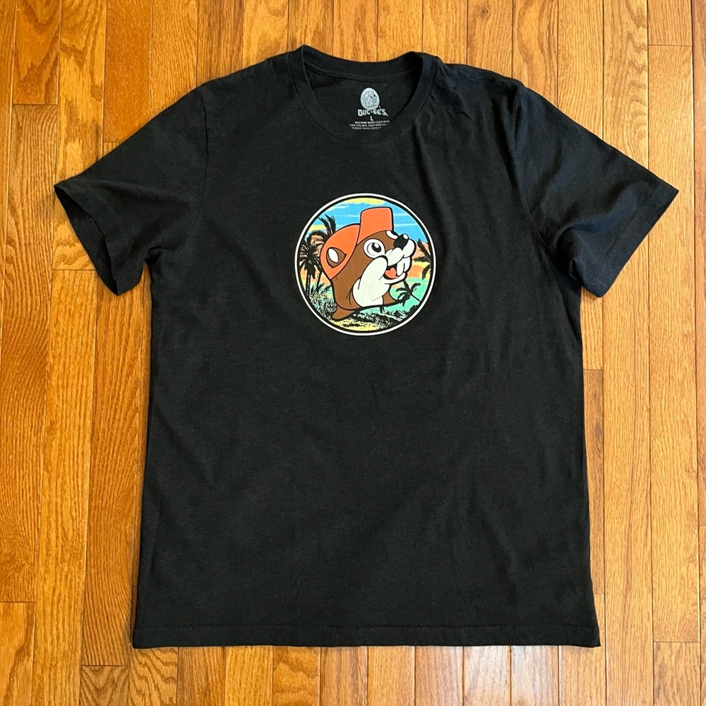 Buc-ees T-Shirt Adult Large Black Short Sleeve Palm Tree Graphic Tee Beaver